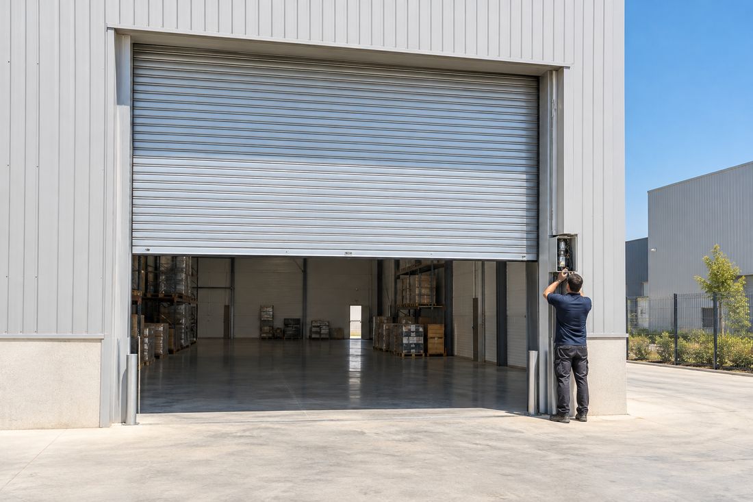 Cierre metálico enrollable en la puerta de una nave de polígono