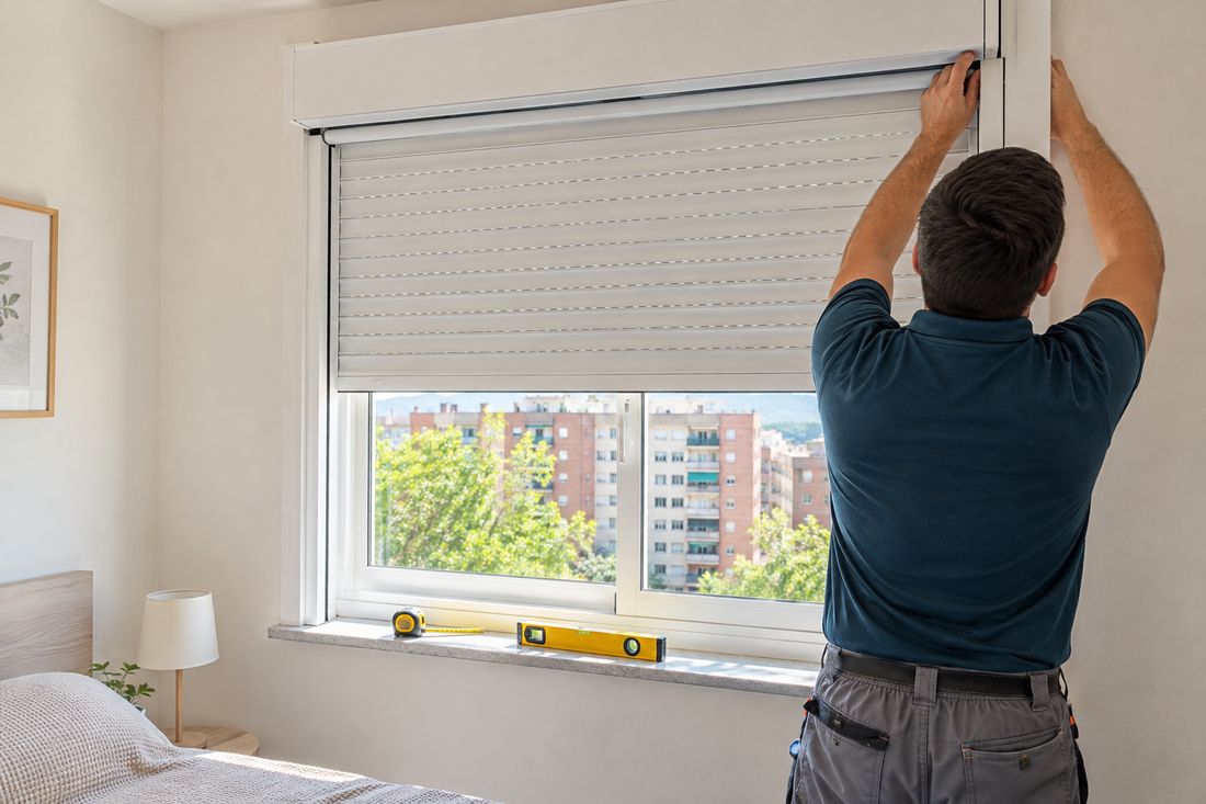 Técnico colocando una persiana de aluminio blanca con cajón monoblock en un dormitorio de Ripollet