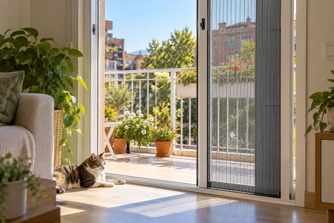 Mosquitera plisada en la puerta del balcón, abierta a medias, con un gato tumbado en el salón