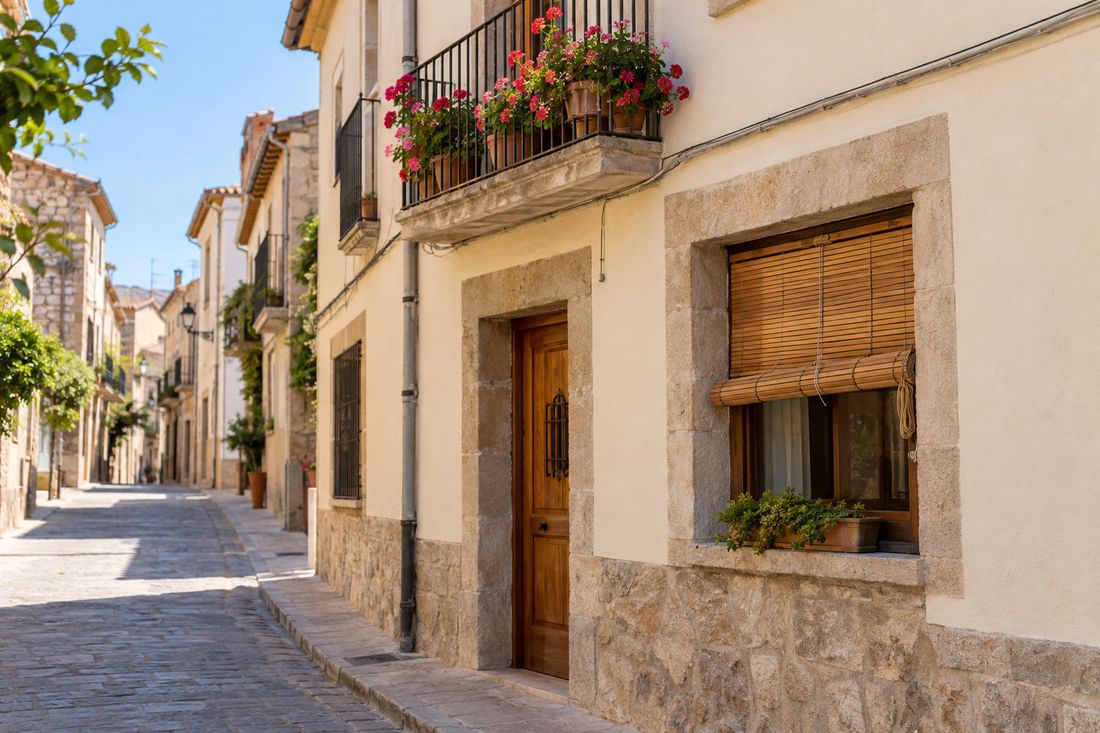 Persiana alicantina de madera recogida a media altura en una casa del casco antiguo
